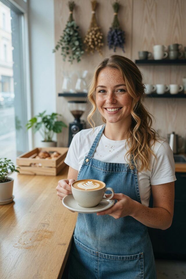 Barista sonríe con un café en una cafetería de especialidad