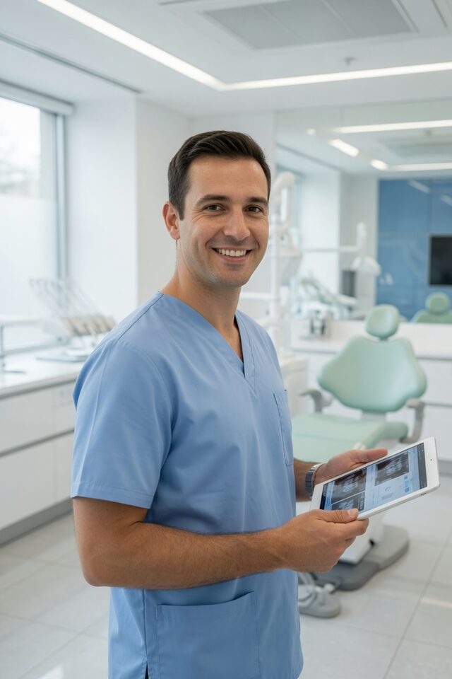 Odontólogo con tablet en una clínica dental moderna